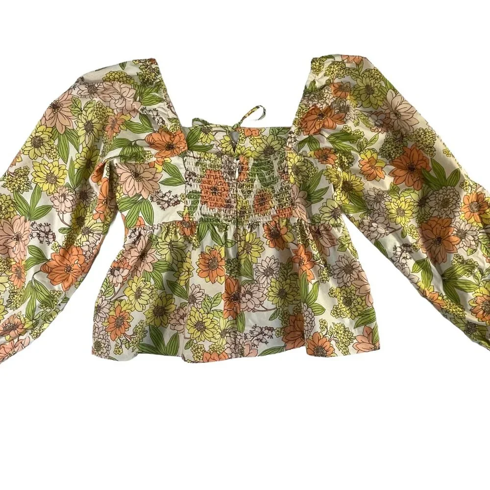 J. Crew Floral Square Neck Peplum Blouse Women's Size 8 Puff Sleeve Cotton